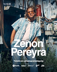 a poster for zeon perrya with a man standing in front of a building