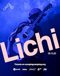 a poster for lichi camping with a man playing an acoustic guitar