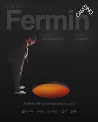 a poster with a man standing in front of an orange circle