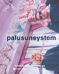 a man and a woman in front of a graffiti wall with the words palus sun system